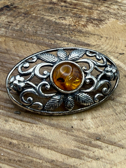 Vintage Sterling Silver Amber Brooch, Art Nouveau Style