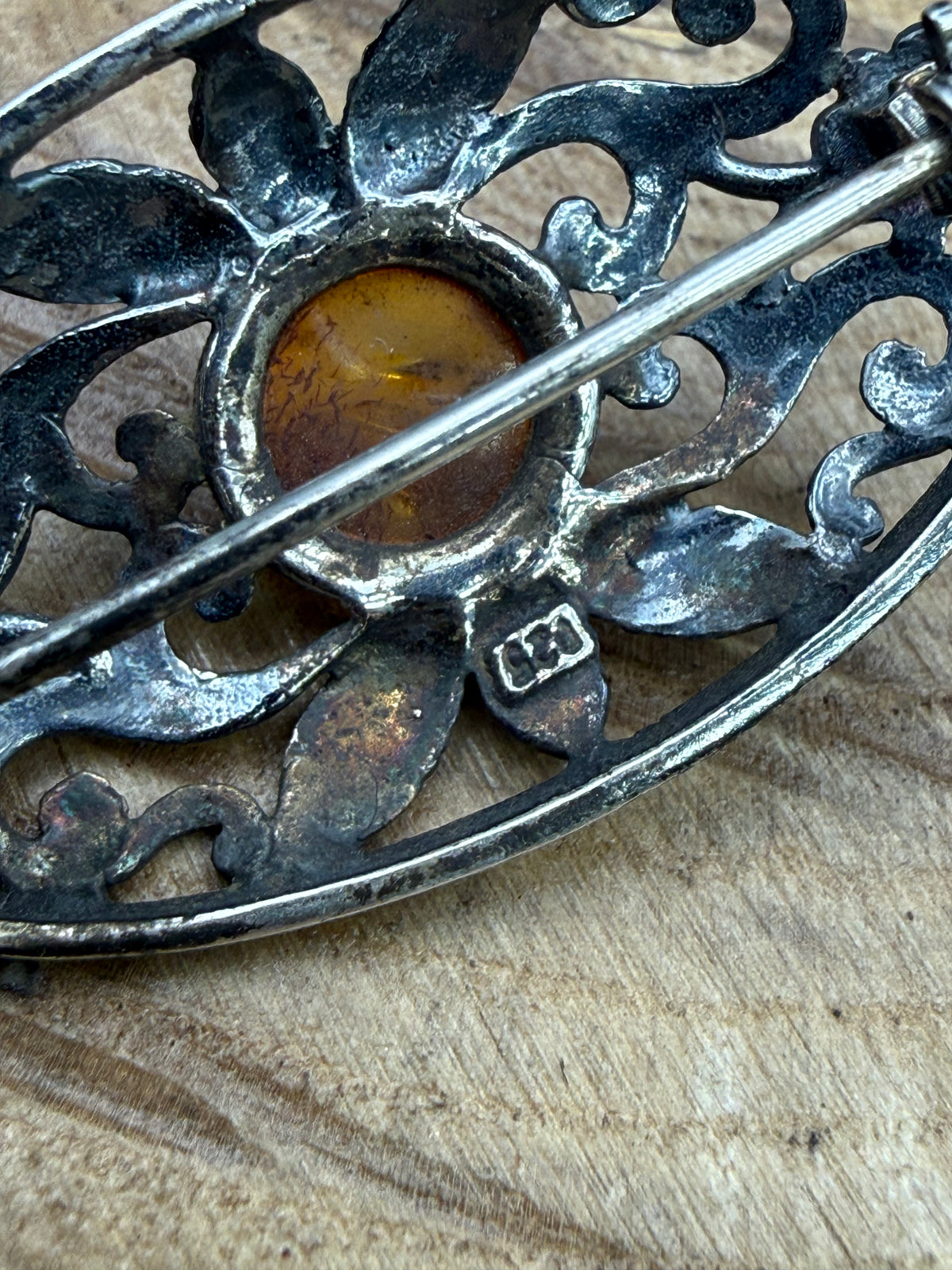 Vintage Sterling Silver Amber Brooch, Art Nouveau Style