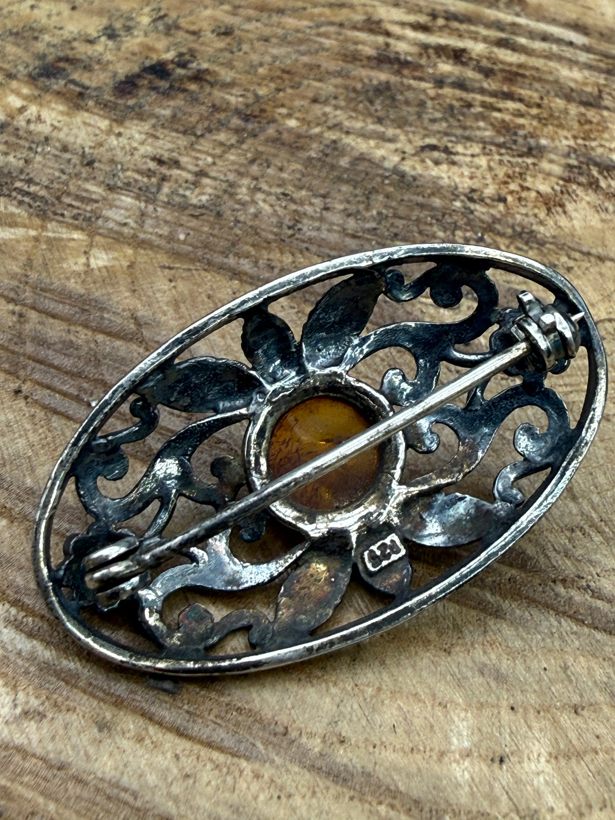 Vintage Sterling Silver Amber Brooch, Art Nouveau Style
