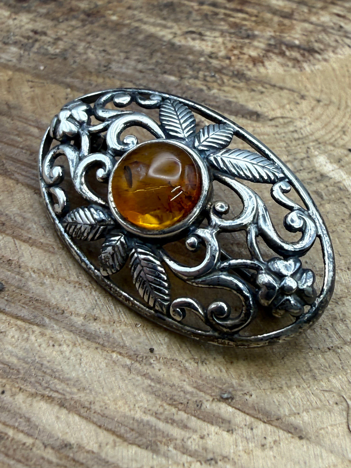 Vintage Sterling Silver Amber Brooch, Art Nouveau Style