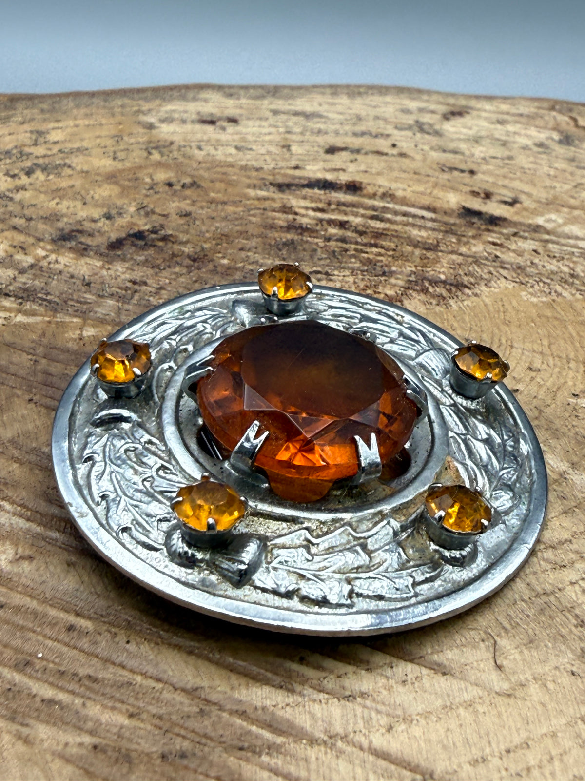 Vintage Scottish Thistle Glass Shield Brooch
