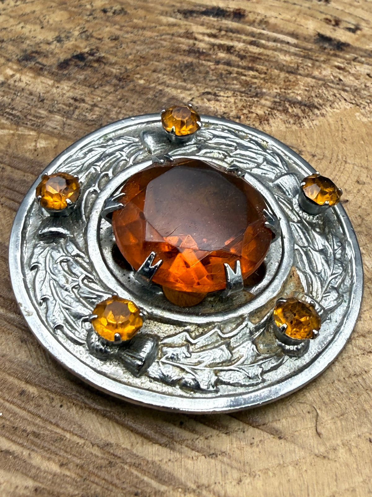 Vintage Scottish Thistle Glass Shield Brooch
