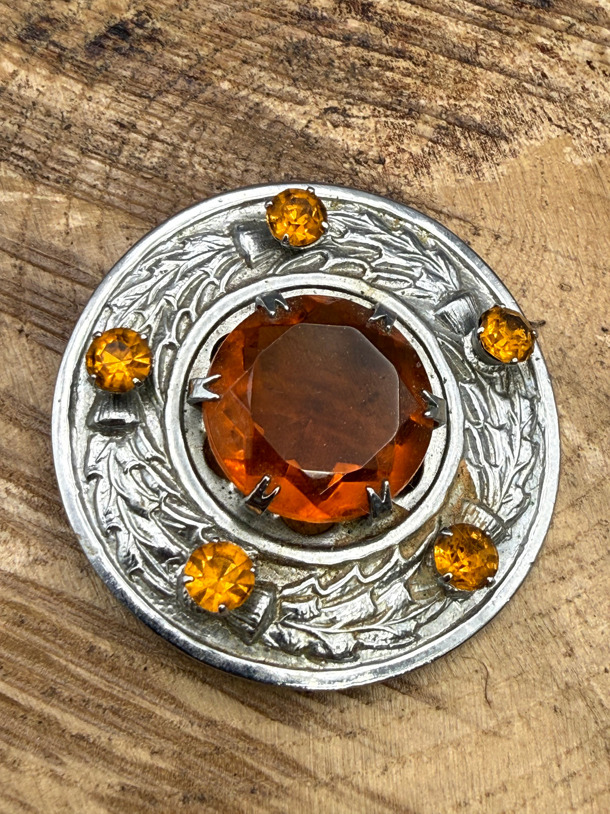 Vintage Scottish Thistle Glass Shield Brooch