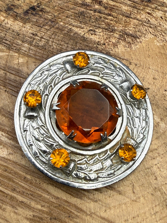 Vintage Scottish Thistle Glass Shield Brooch