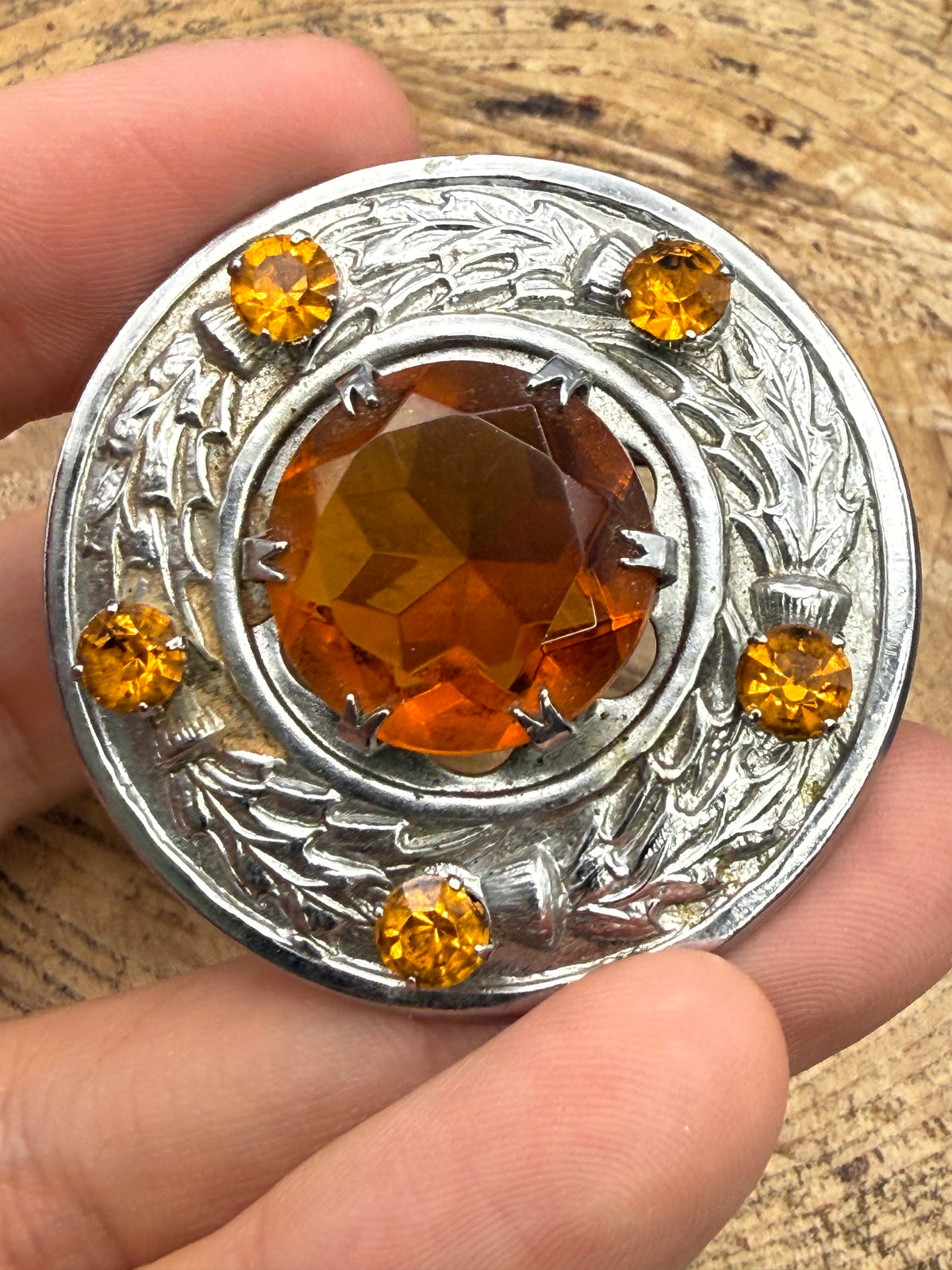 Vintage Scottish Thistle Glass Shield Brooch