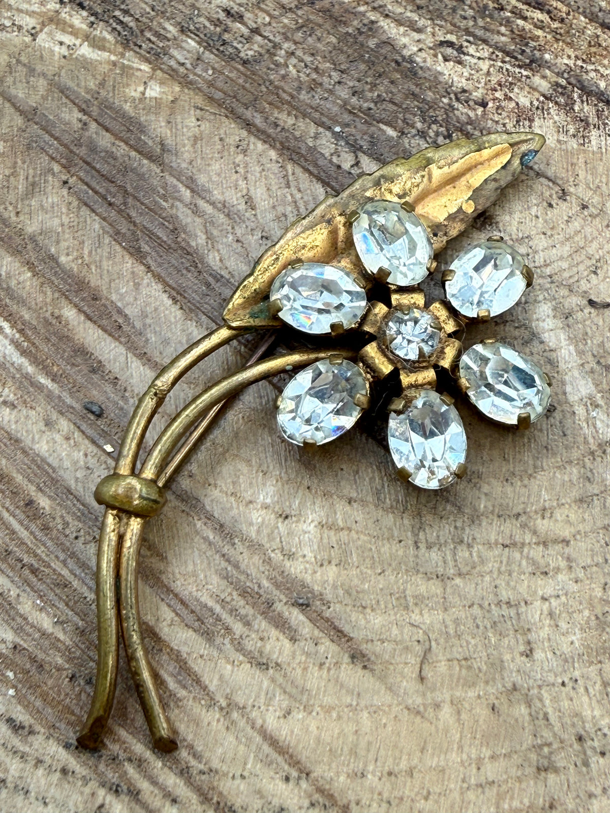Vintage Floral Spray Brooch, Clear Rhinestones