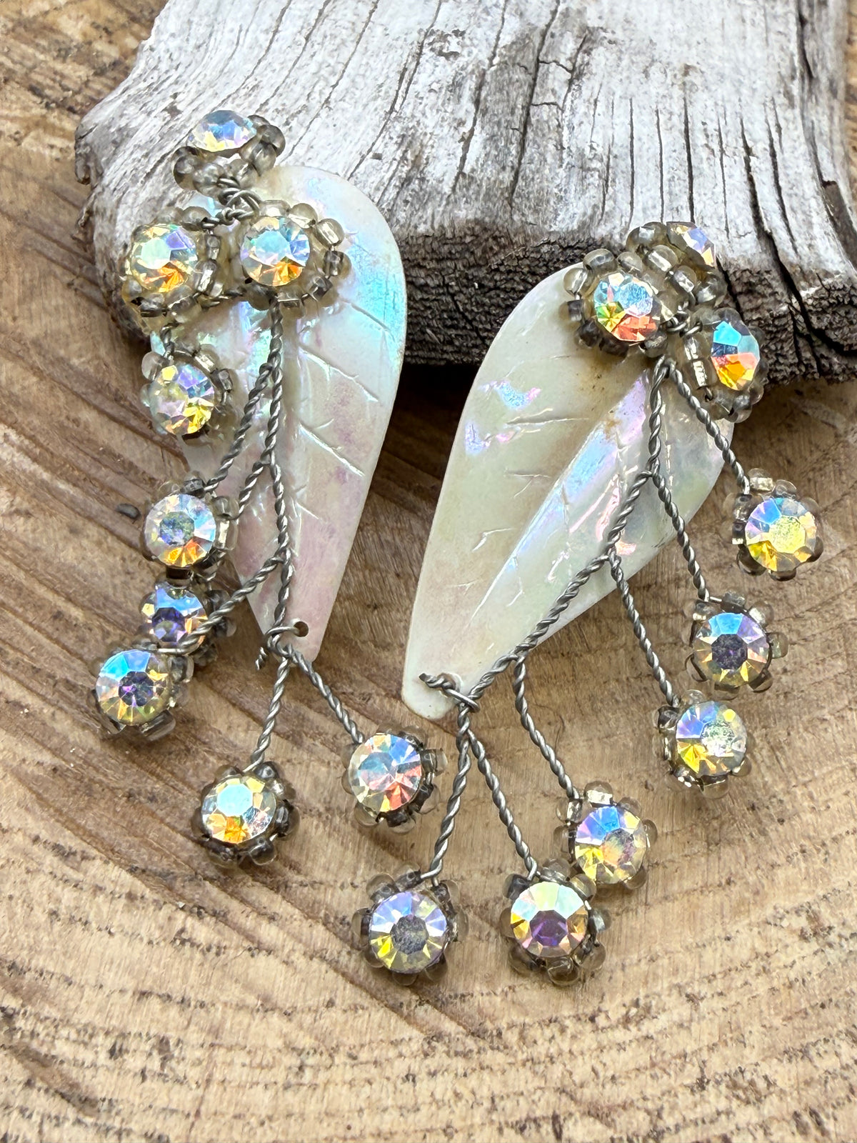 Vintage Aurora Borealis Leaf Clip-On Earrings