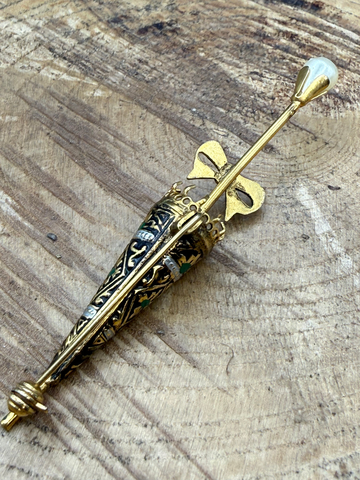 Vintage Damascene Style Umbrella Brooch