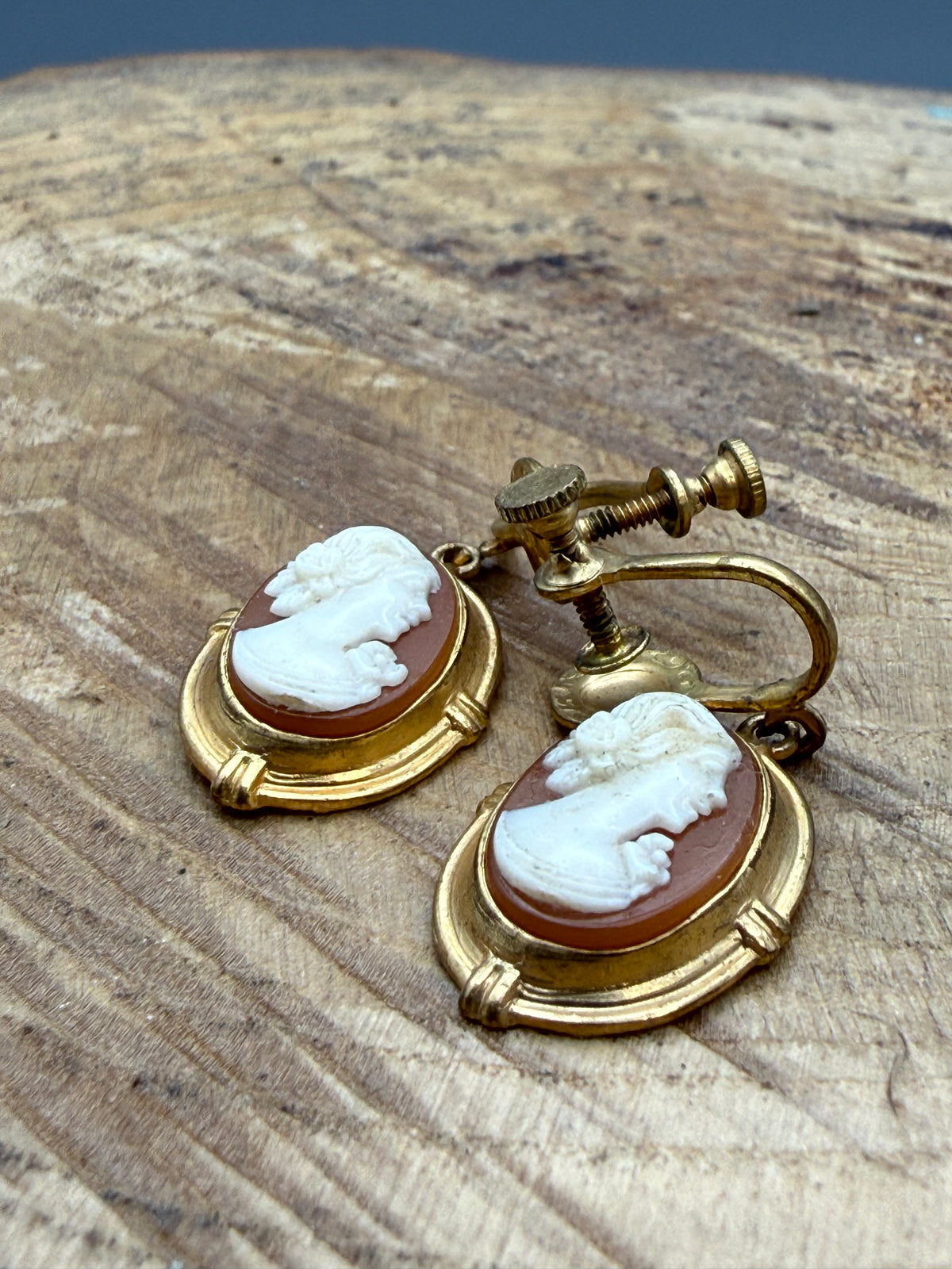 Vintage Carved Shell Cameo Screwback Earrings