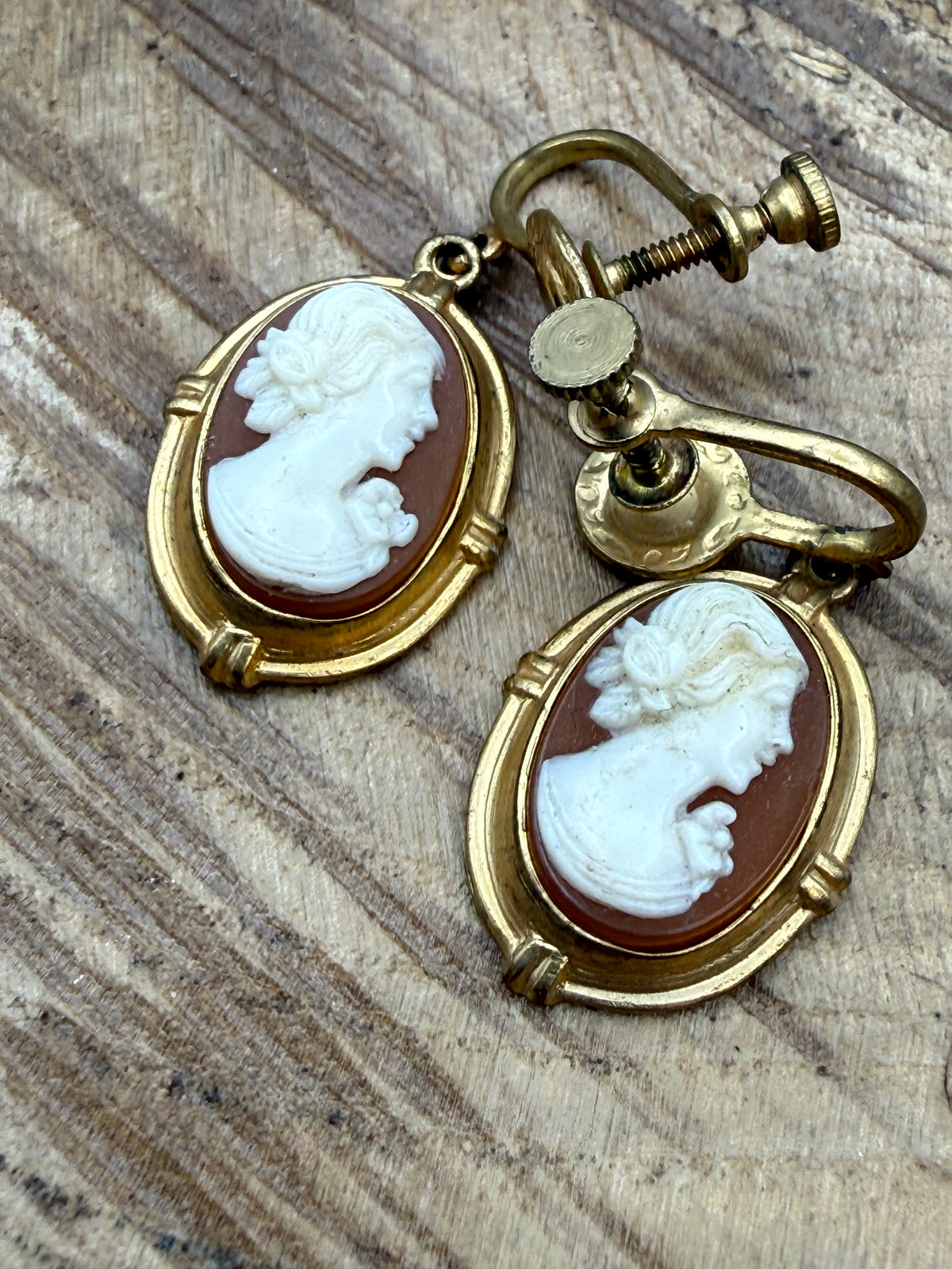 Vintage Carved Shell Cameo Screwback Earrings