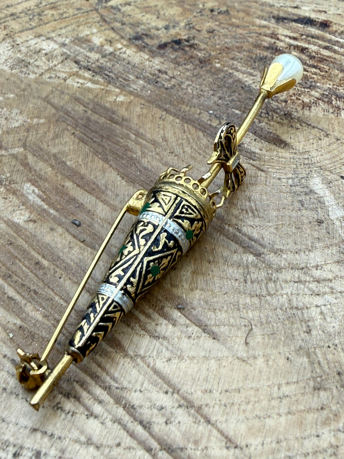 Vintage Damascene Style Umbrella Brooch