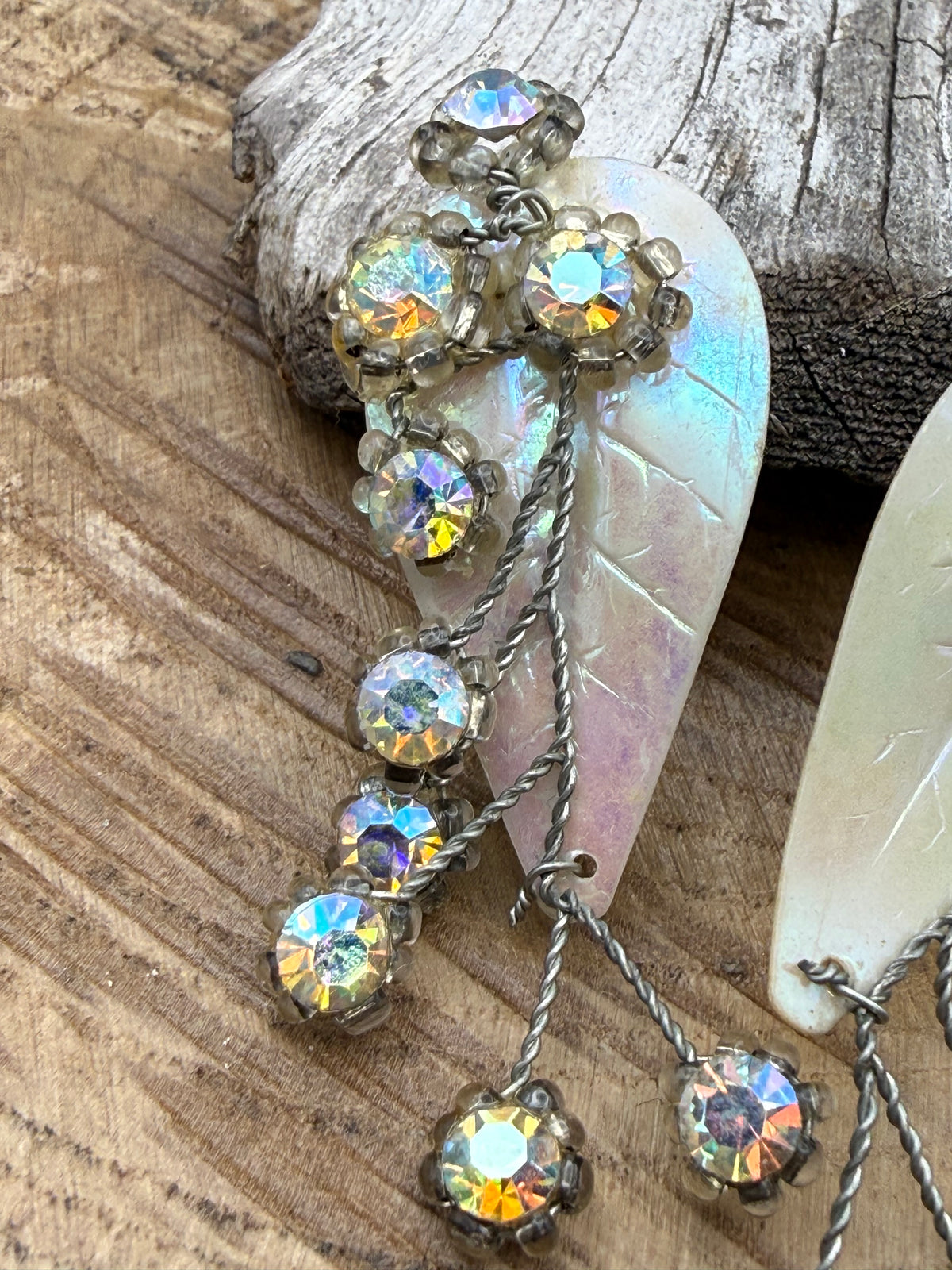 Vintage Aurora Borealis Leaf Clip-On Earrings