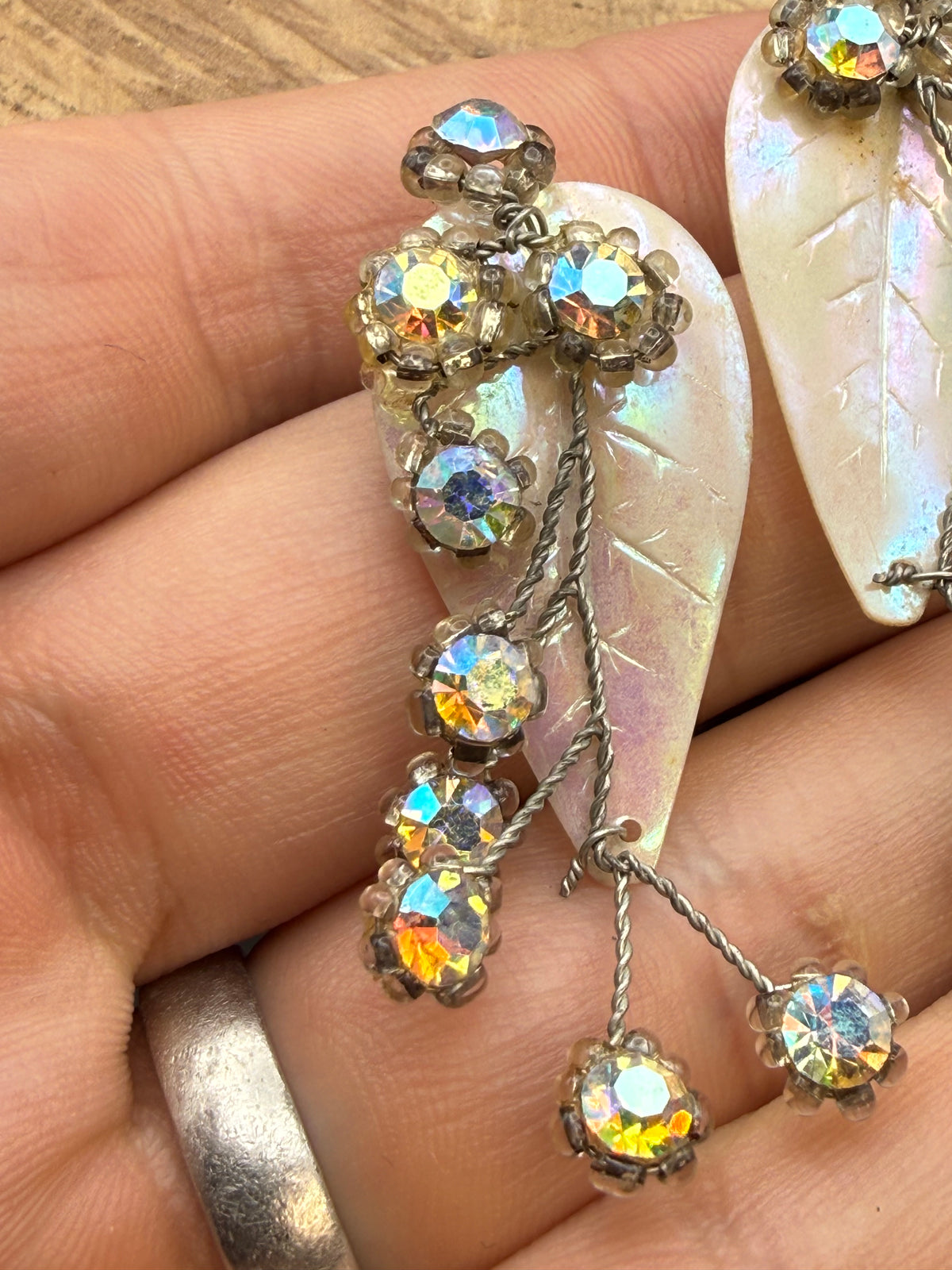 Vintage Aurora Borealis Leaf Clip-On Earrings