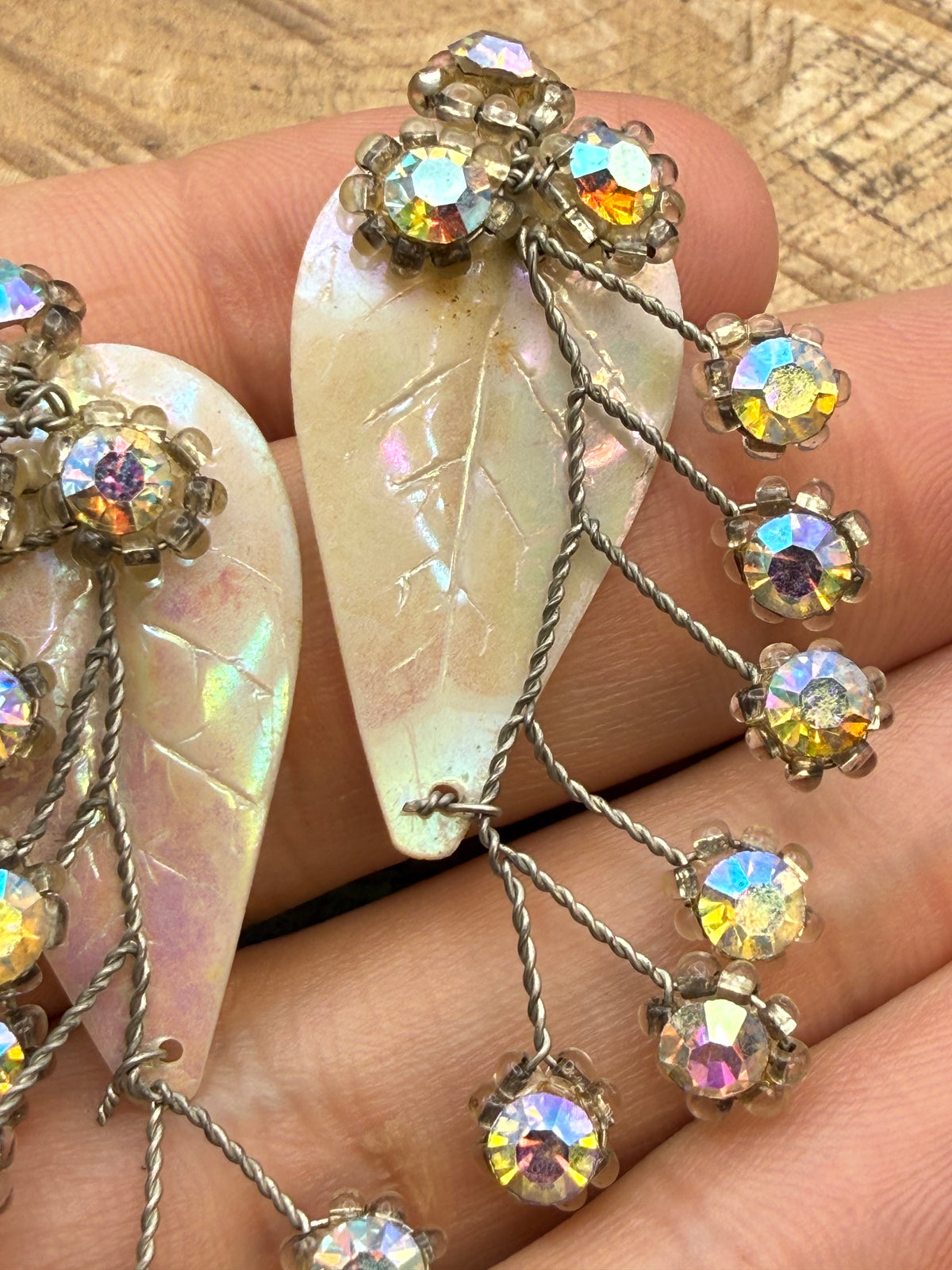 Vintage Aurora Borealis Leaf Clip-On Earrings