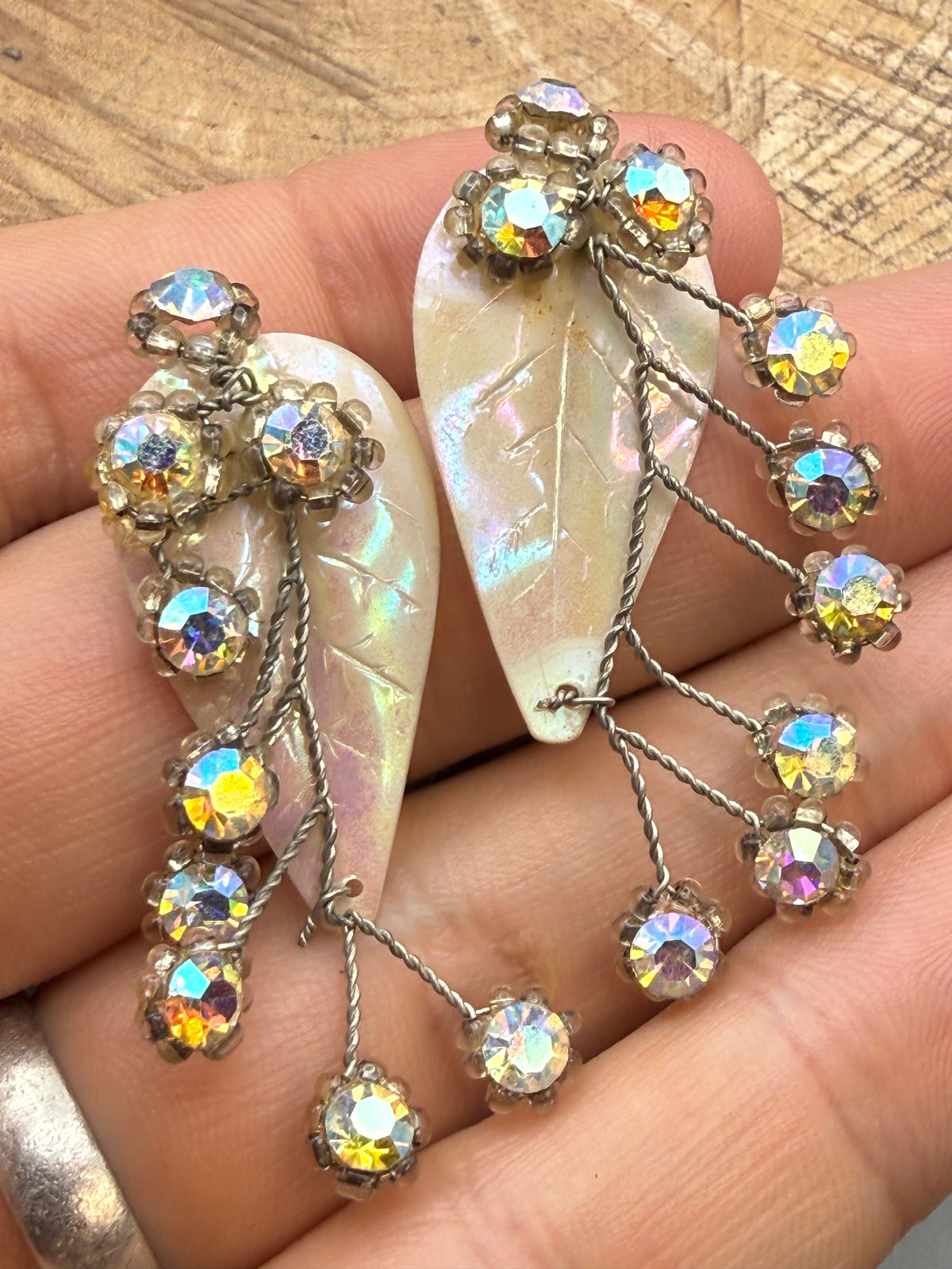 Vintage Aurora Borealis Leaf Clip-On Earrings