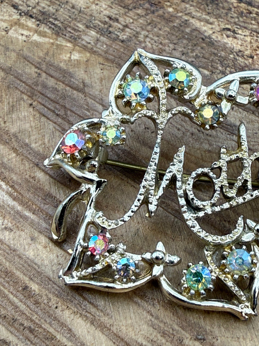 Vintage Mother Brooch, Aurora Borealis Rhinestones