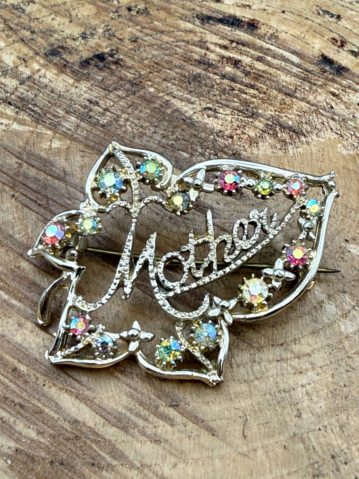 Vintage Mother Brooch, Aurora Borealis Rhinestones