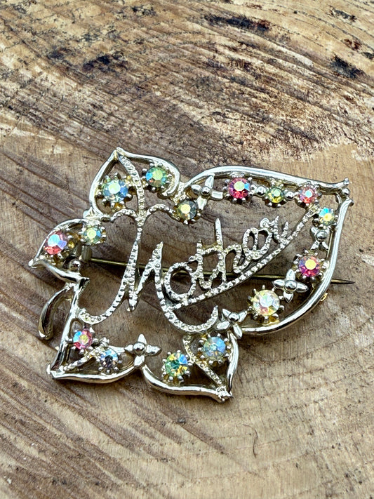Vintage Mother Brooch, Aurora Borealis Rhinestones