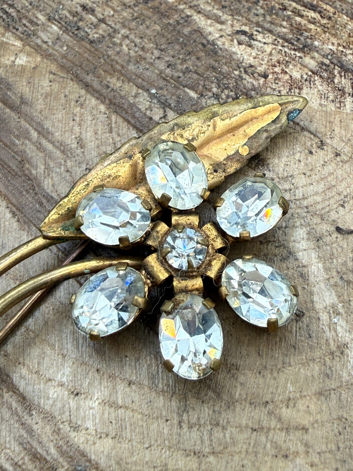 Vintage Floral Spray Brooch, Clear Rhinestones