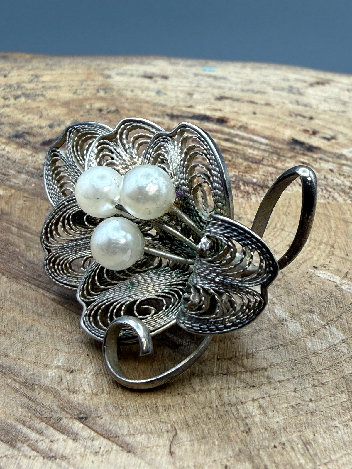 Vintage Filigree Floral Brooch, Faux Pearls