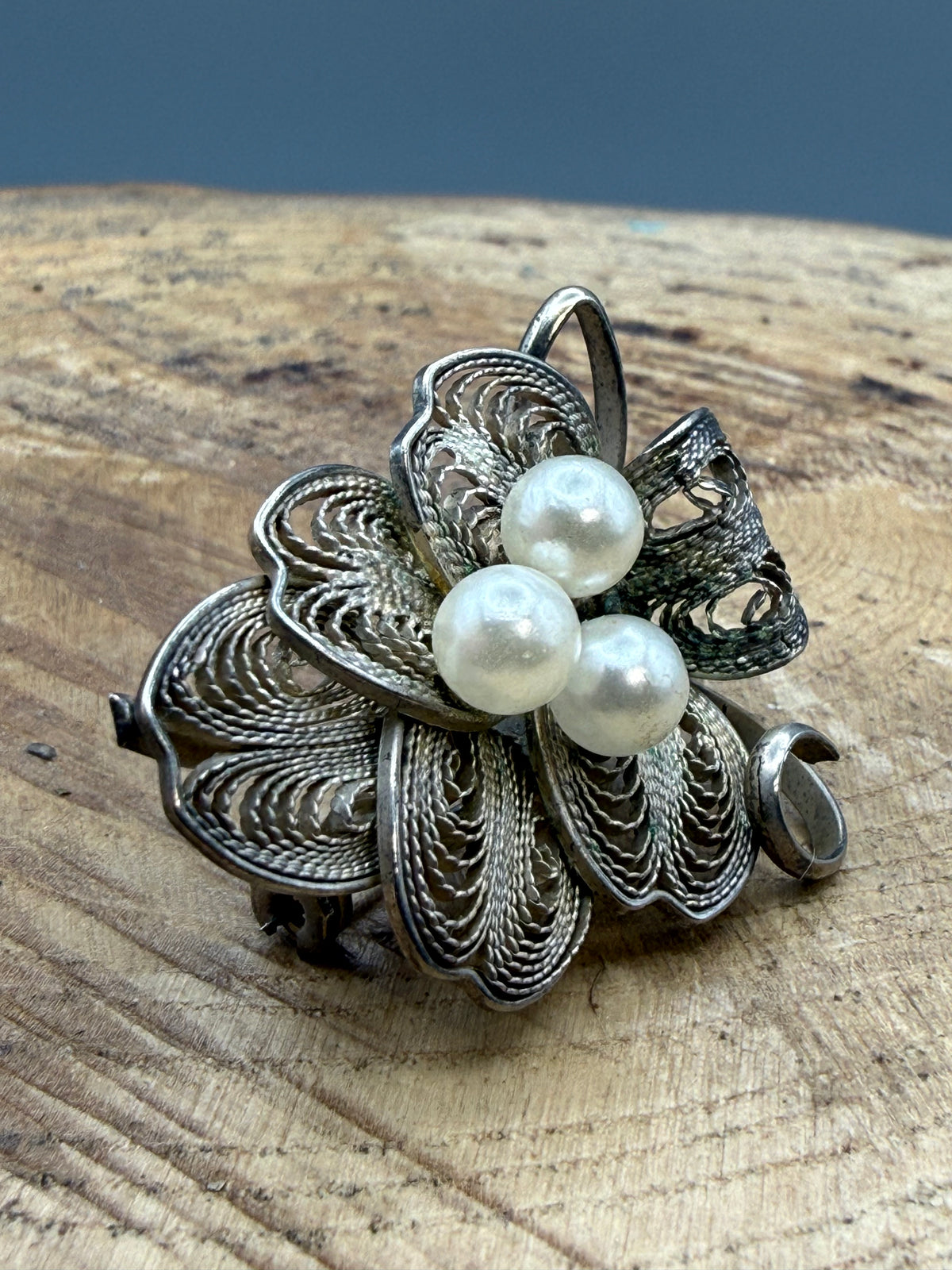 Vintage Filigree Floral Brooch, Faux Pearls