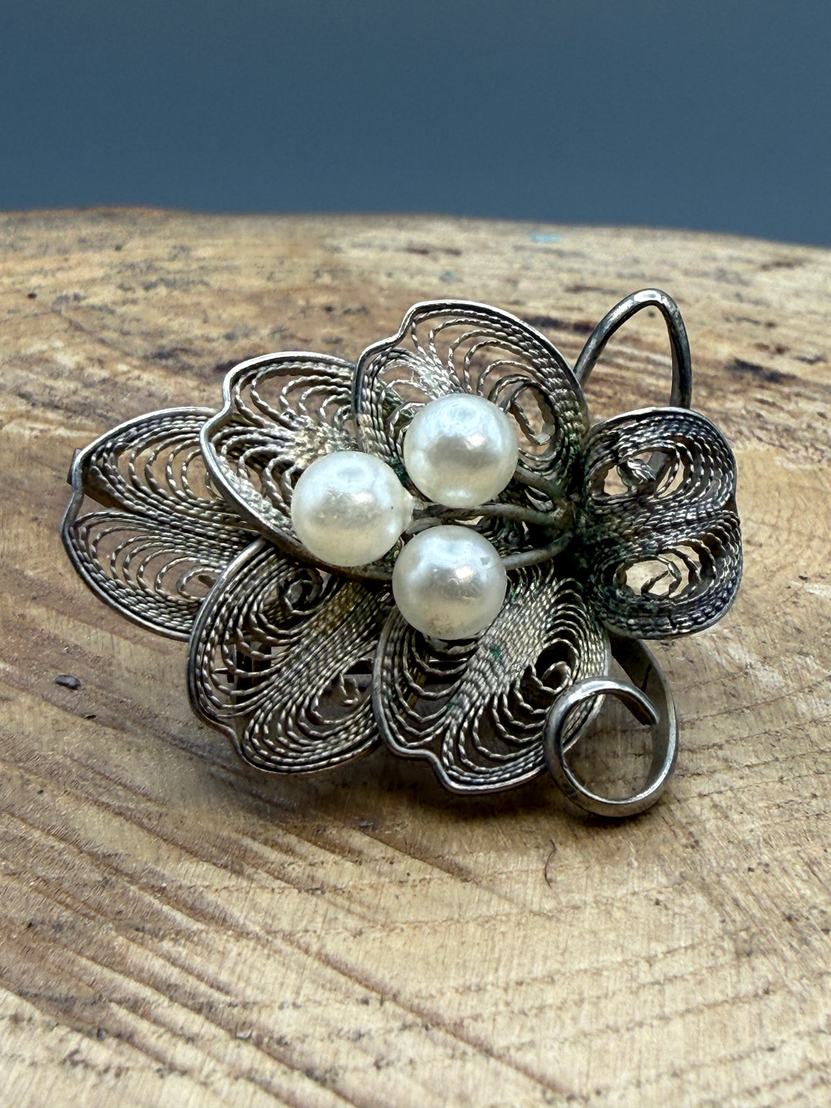 Vintage Filigree Floral Brooch, Faux Pearls