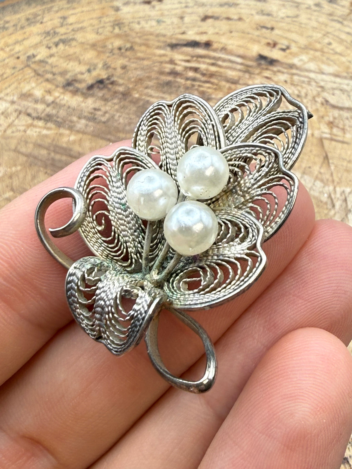 Vintage Filigree Floral Brooch, Faux Pearls