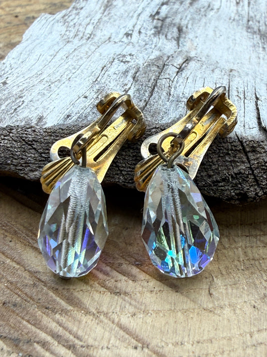 Vintage Aurora Borealis Glass Clip-On Earrings