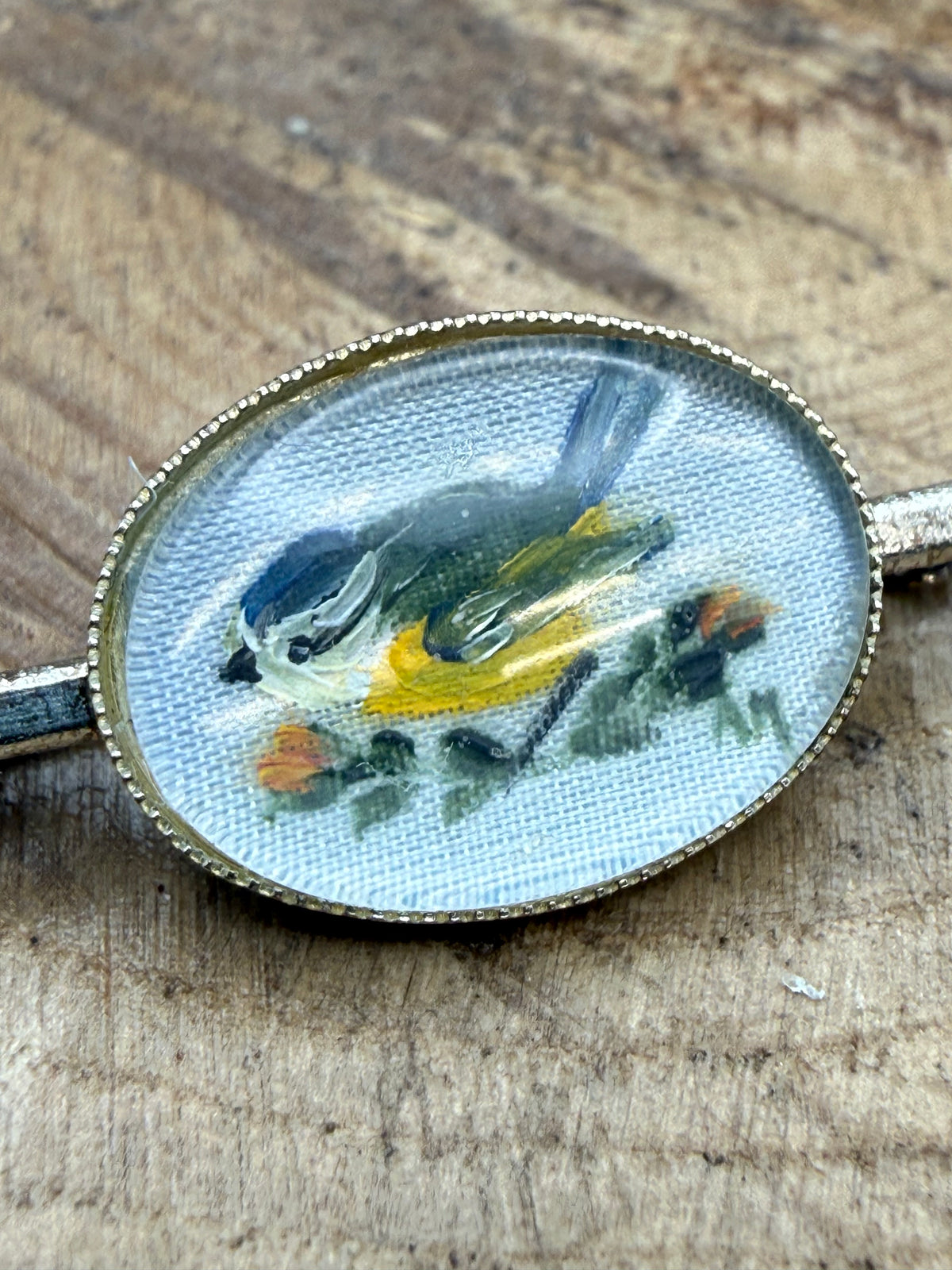 Vintage Hand Painted Blue Tit Bar Brooch