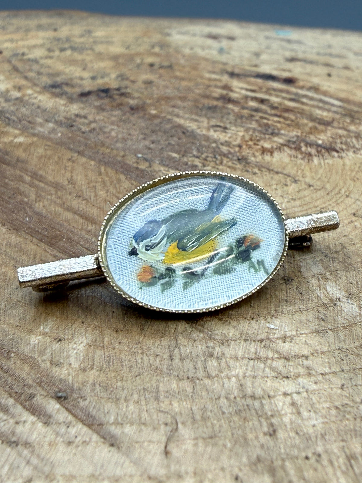 Vintage Hand Painted Blue Tit Bar Brooch