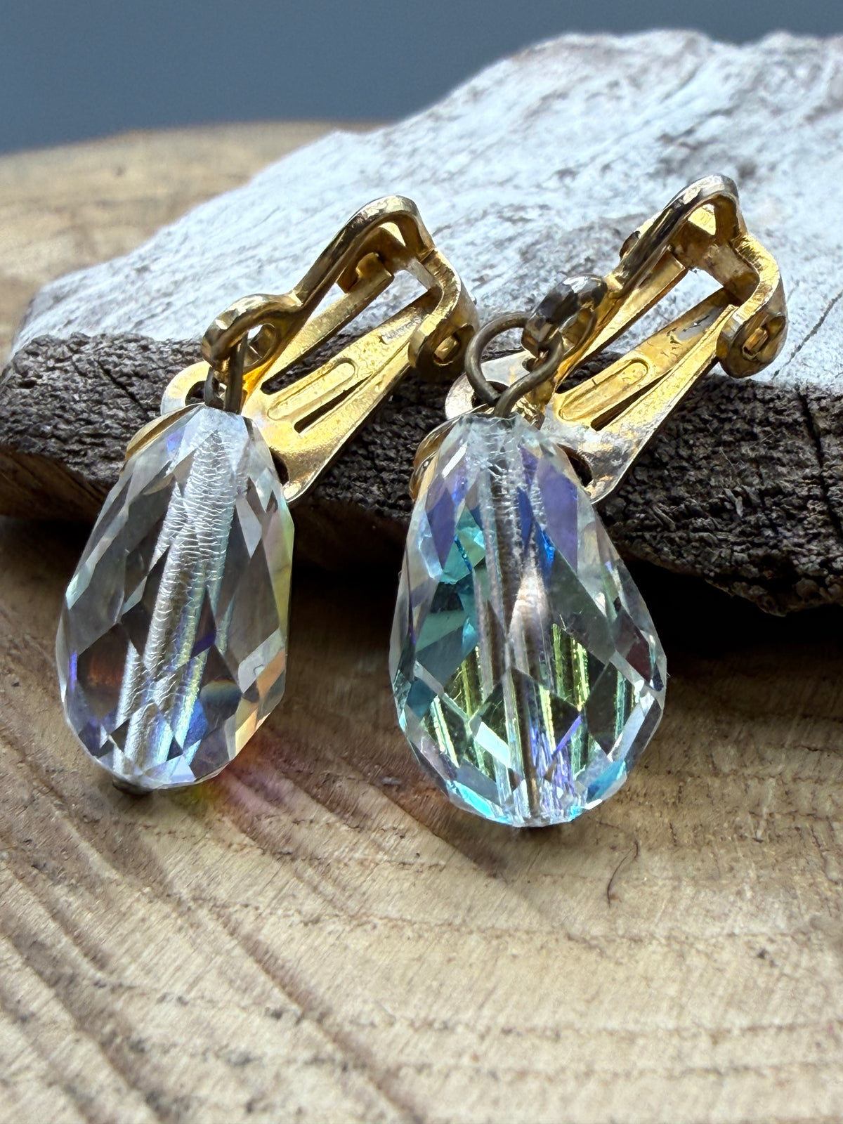 Vintage Aurora Borealis Glass Clip-On Earrings