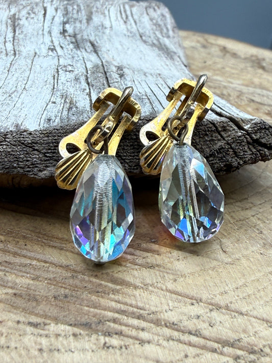 Vintage Aurora Borealis Glass Clip-On Earrings