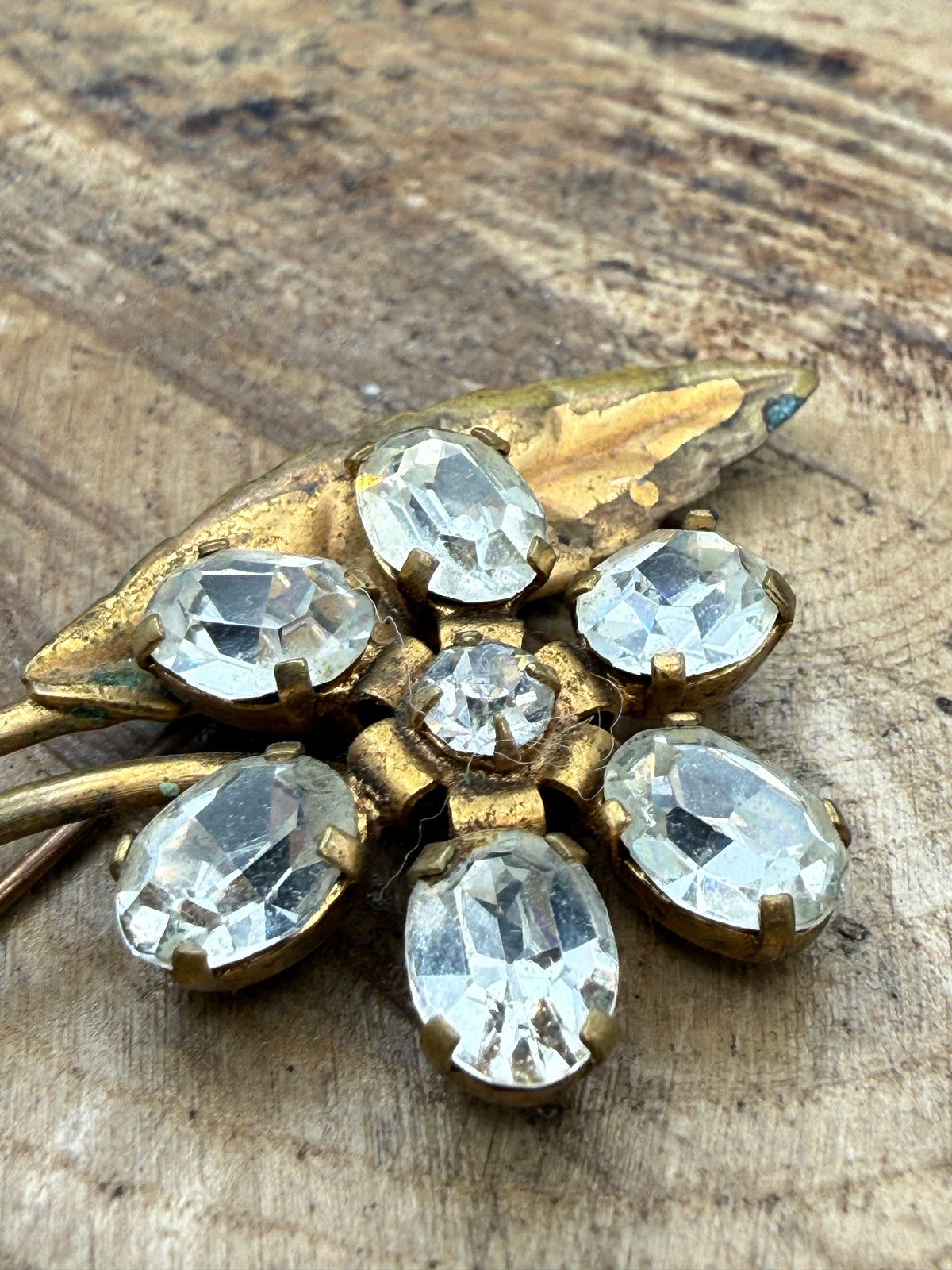 Vintage Floral Spray Brooch, Clear Rhinestones