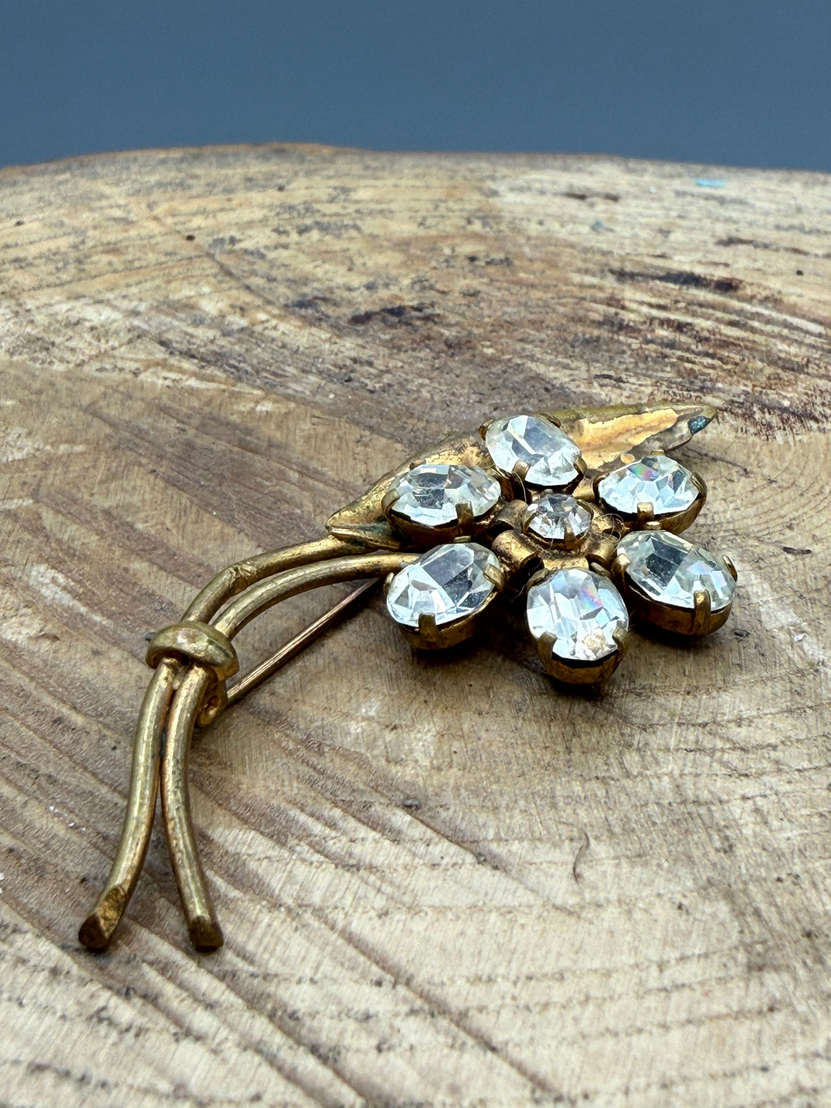 Vintage Floral Spray Brooch, Clear Rhinestones