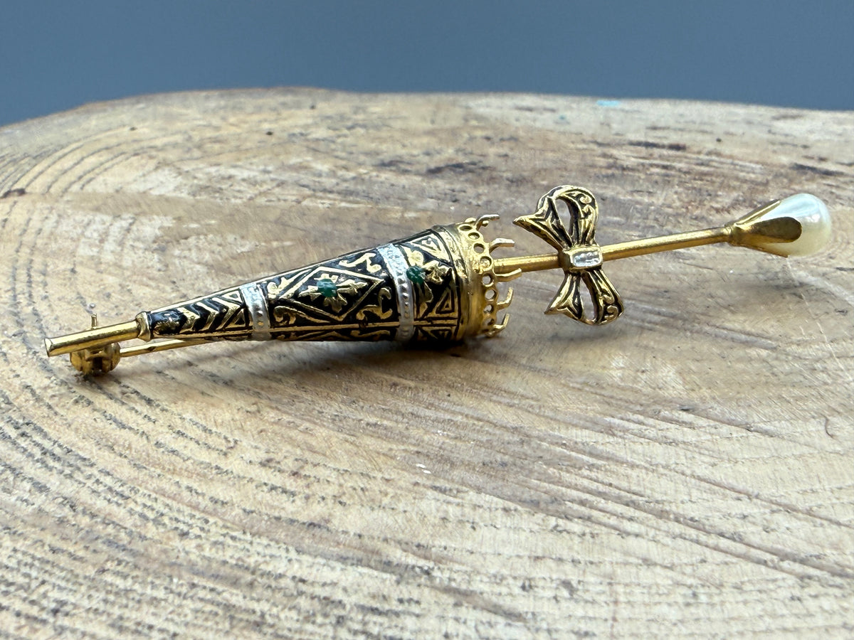 Vintage Damascene Style Umbrella Brooch