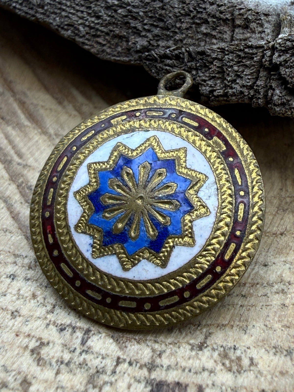 Vintage Blue & White Enamel Starburst Pendant