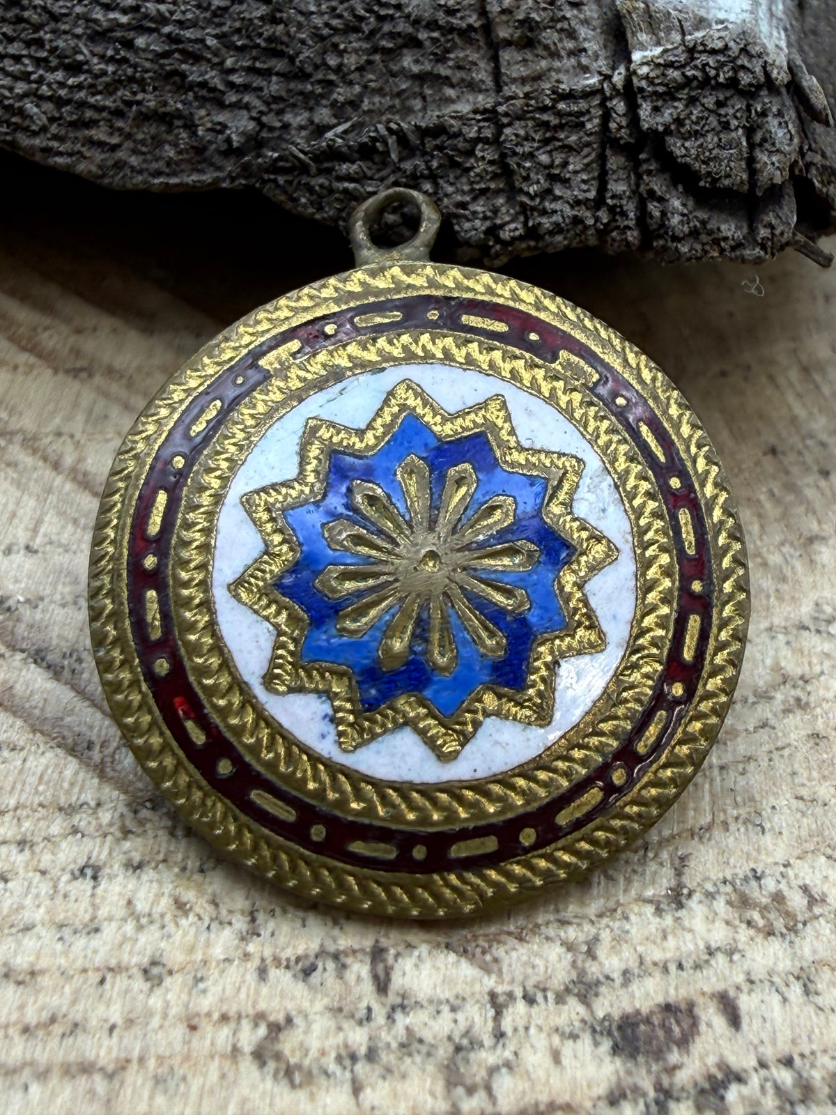 Vintage Blue & White Enamel Starburst Pendant