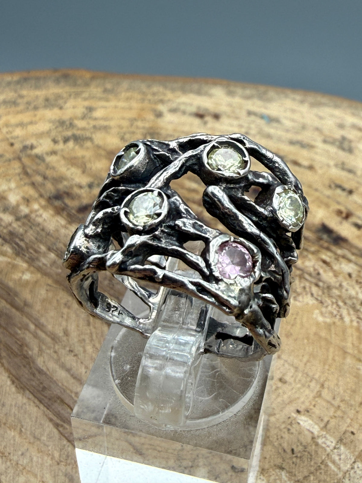 Vintage Sterling Silver Organic Twig Ring, Peridot & Morganite