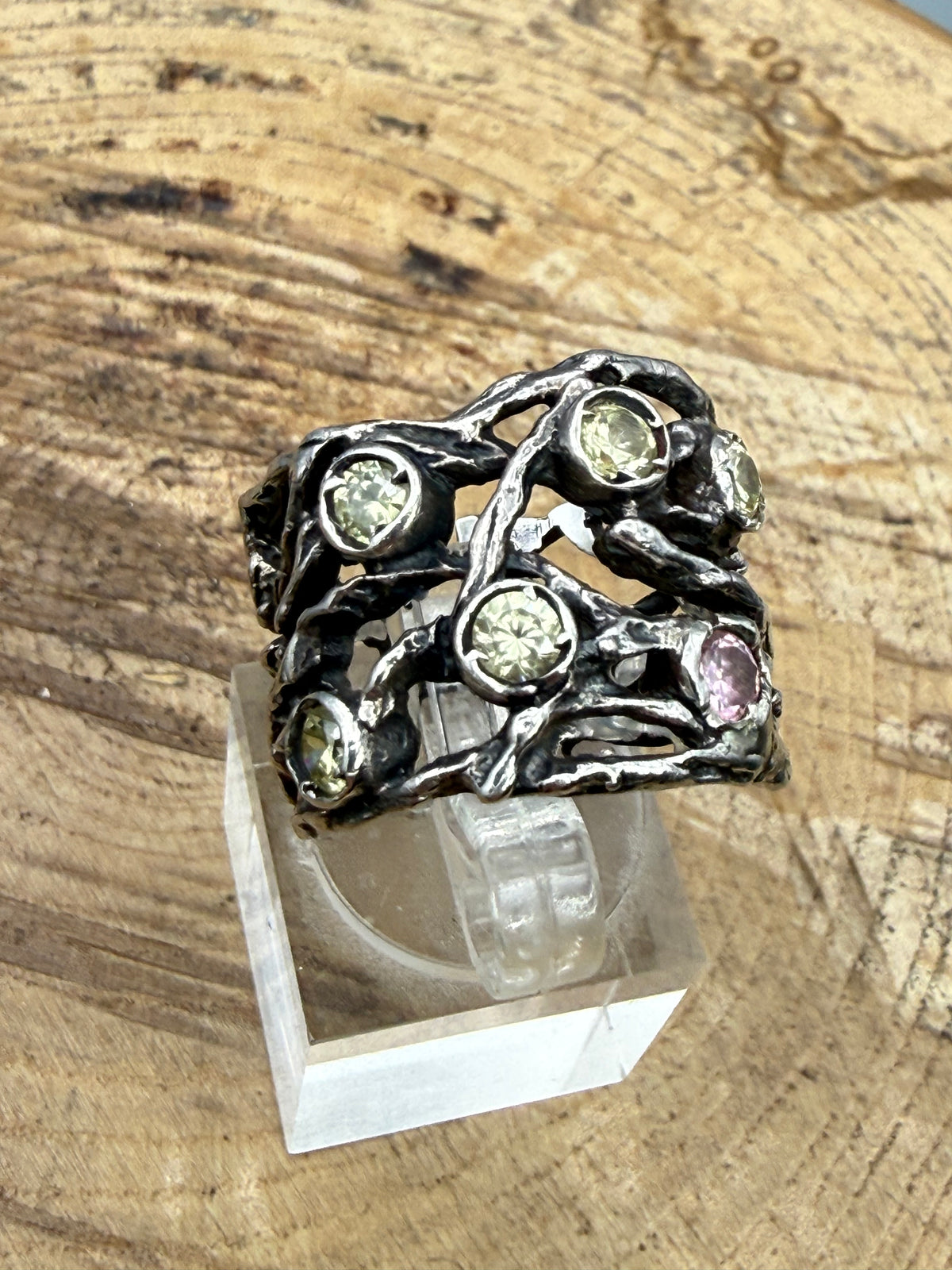 Vintage Sterling Silver Organic Twig Ring, Peridot & Morganite