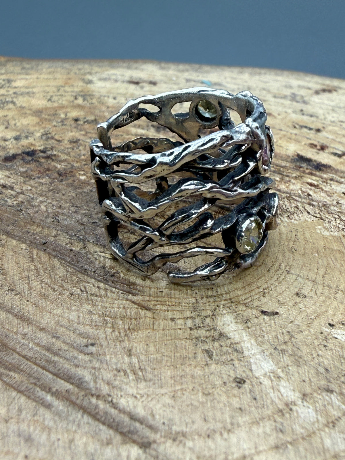 Vintage Sterling Silver Organic Twig Ring, Peridot & Morganite