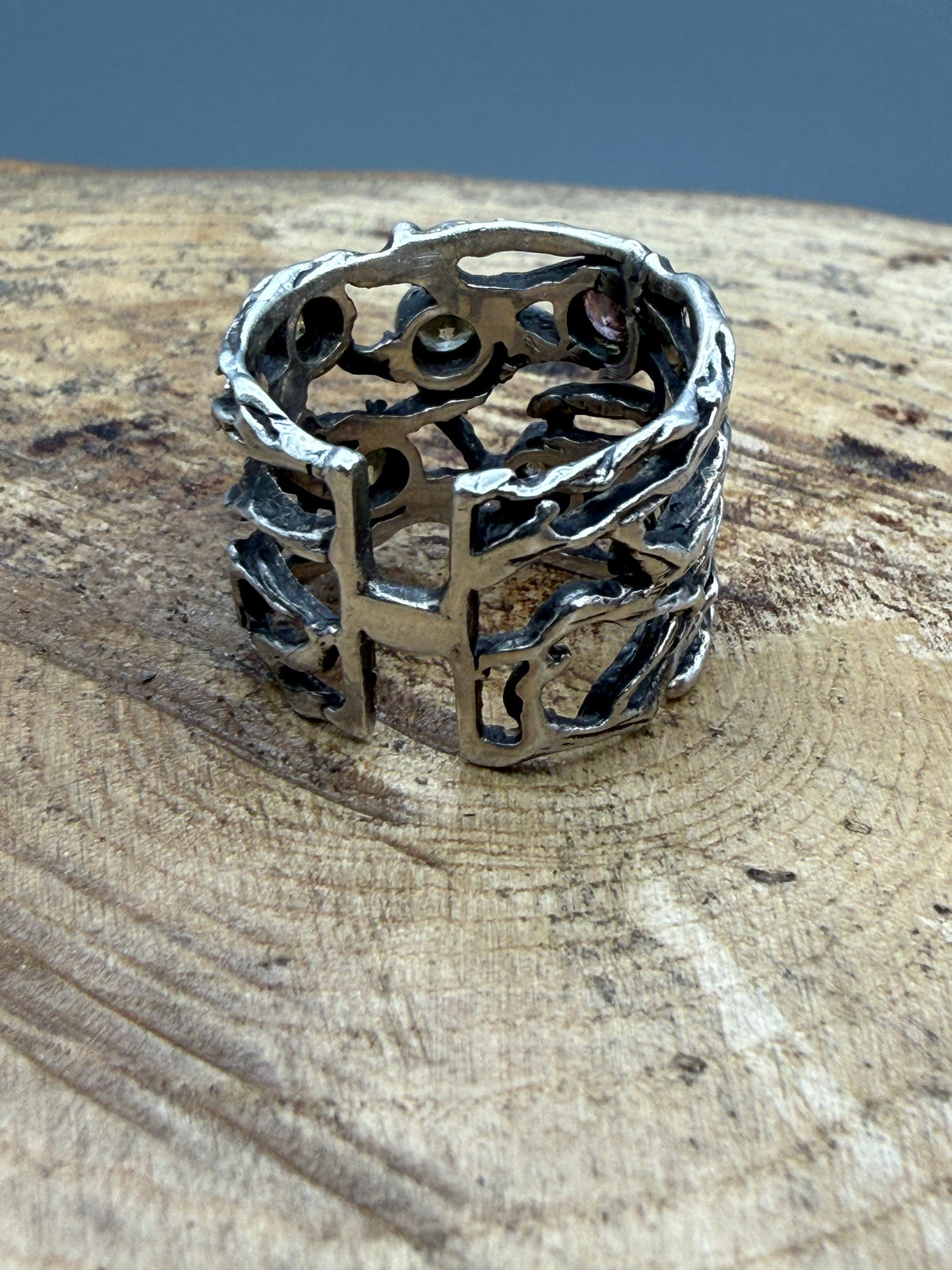Vintage Sterling Silver Organic Twig Ring, Peridot & Morganite