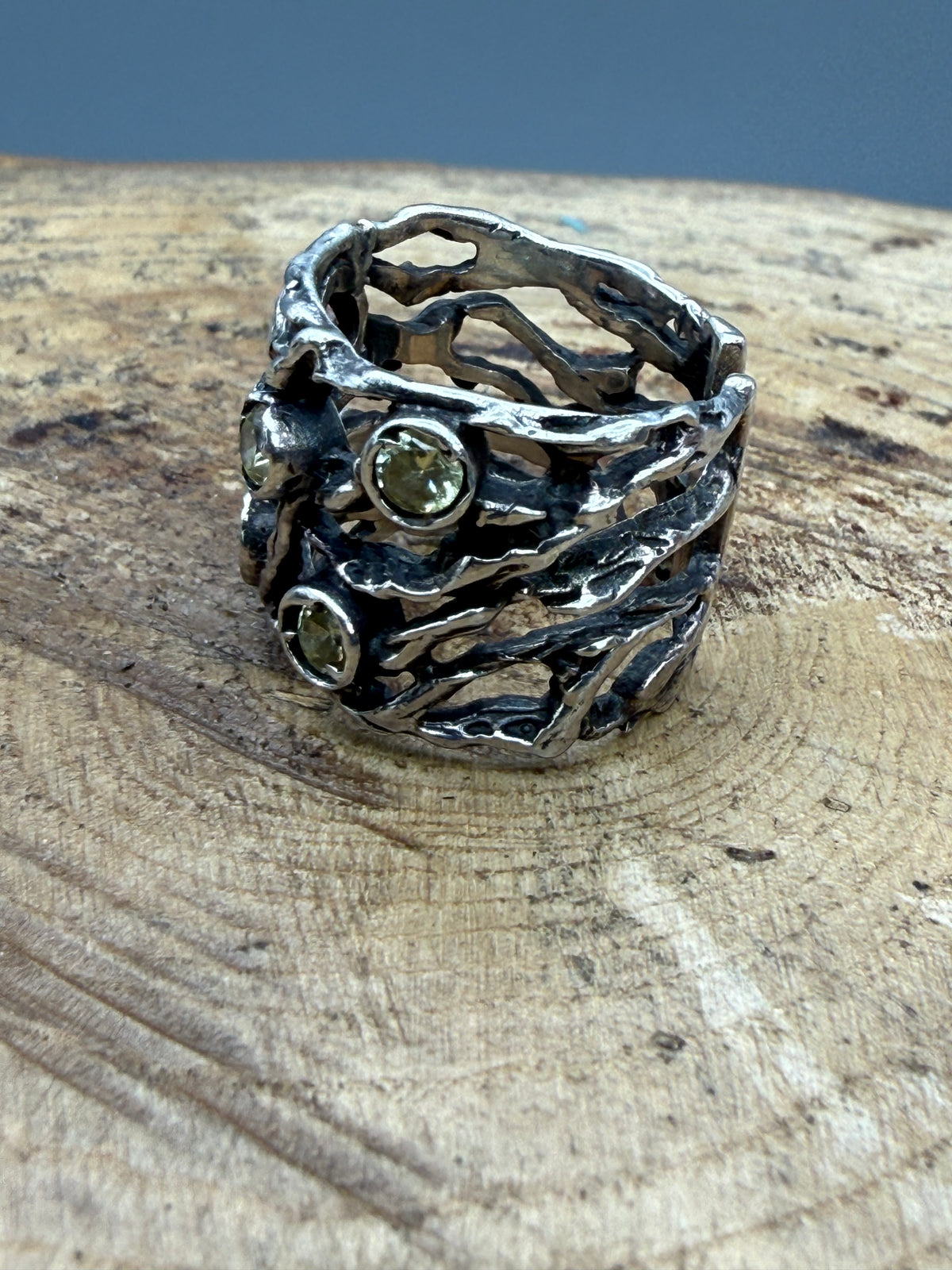 Vintage Sterling Silver Organic Twig Ring, Peridot & Morganite