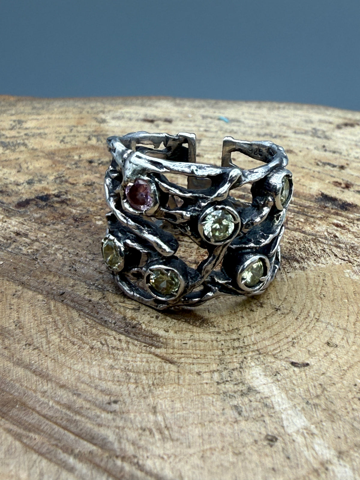 Vintage Sterling Silver Organic Twig Ring, Peridot & Morganite