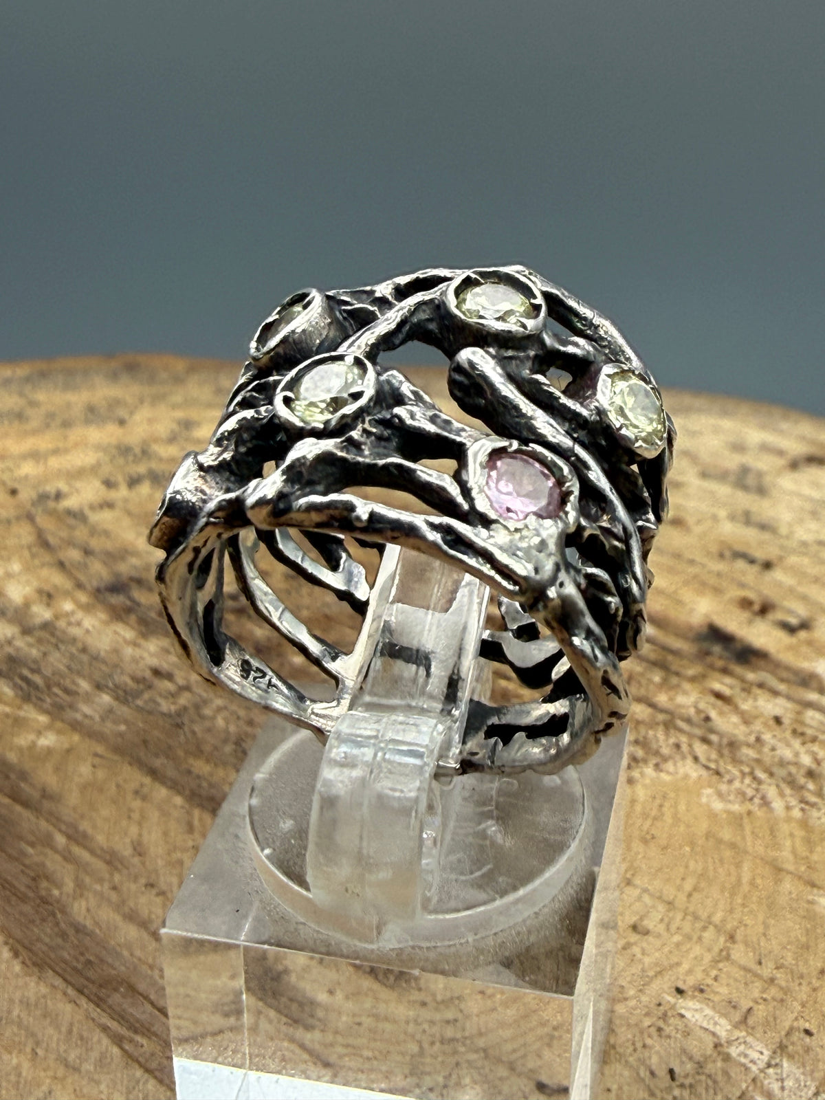 Vintage Sterling Silver Organic Twig Ring, Peridot & Morganite