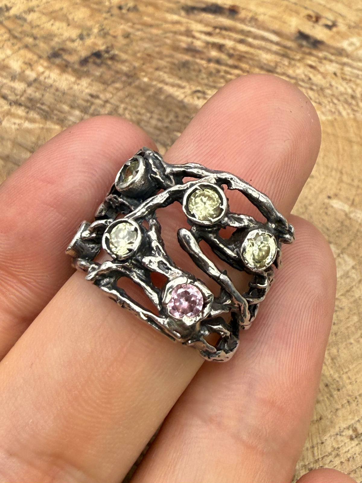 Vintage Sterling Silver Organic Twig Ring, Peridot & Morganite