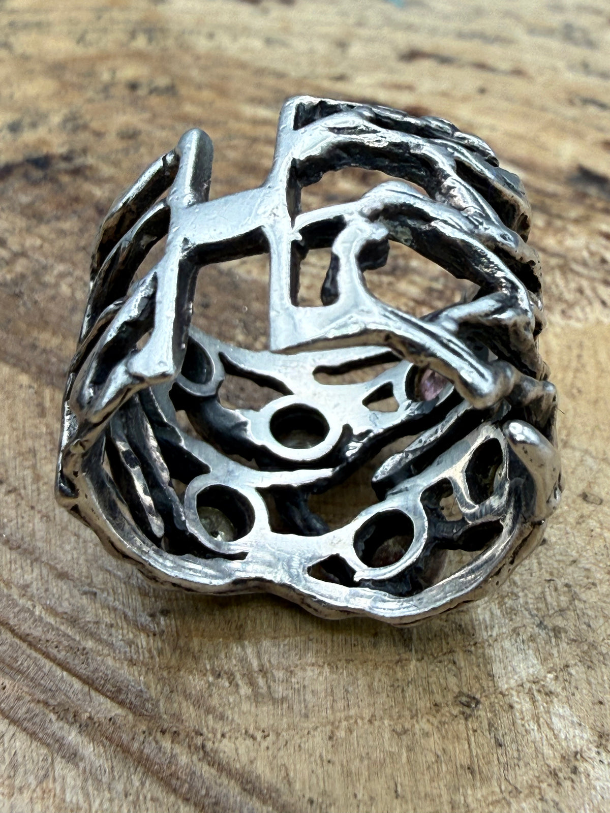 Vintage Sterling Silver Organic Twig Ring, Peridot & Morganite