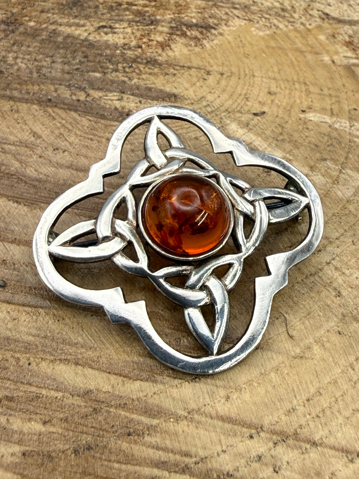 Vintage Celtic Knot Brooch with Amber Cabochon