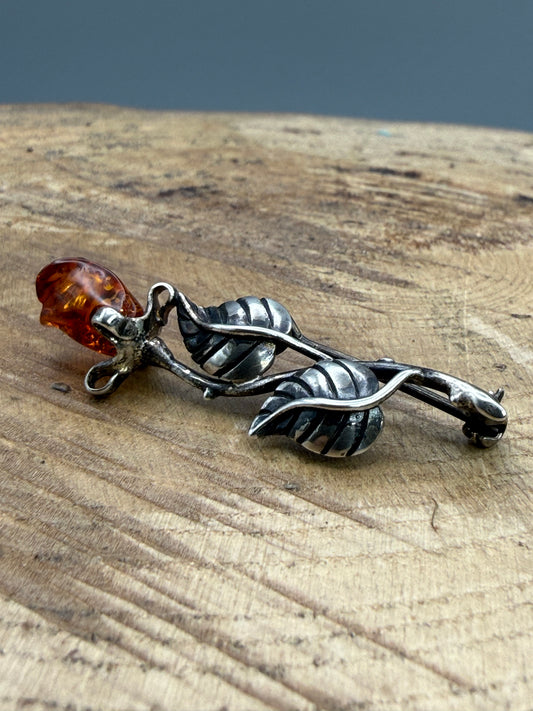 Vintage Amber & Sterling Silver Rose Brooch