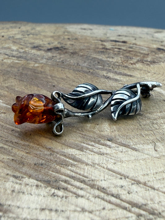 Vintage Amber & Sterling Silver Rose Brooch