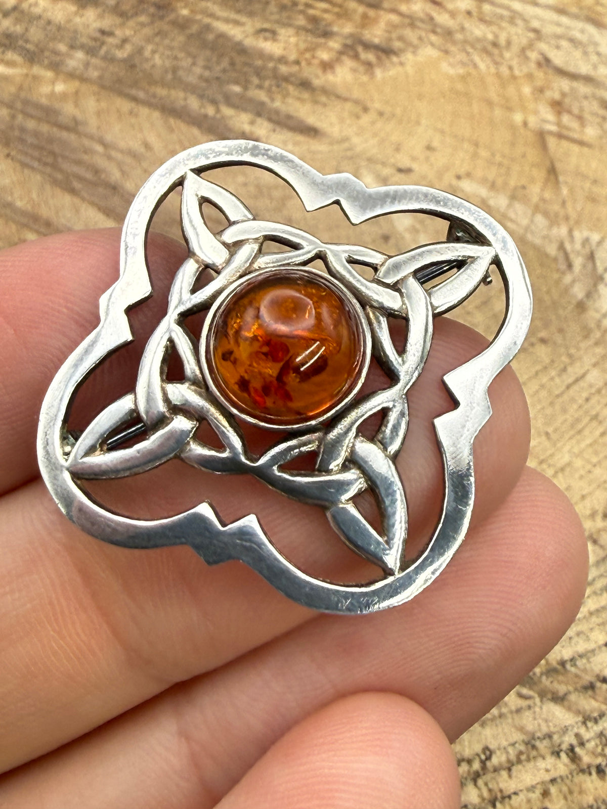 Vintage Celtic Knot Brooch with Amber Cabochon